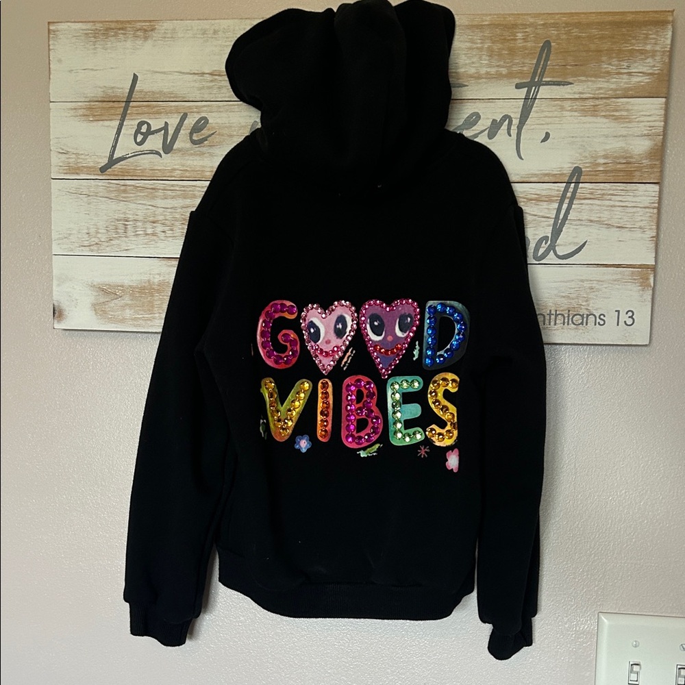 Lola and the boys Black Hoodie with Colorful 'Good Vibes' Sequin Appliqué Size 8